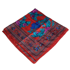 Large red square scarf with purple and blue flowers